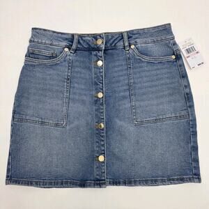 Michael Kors Denim Gold Button Mini Skirt Medium Stone Wash Size 10 Women's